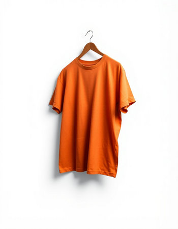 Orange t-shirt on a hanger isolated on a white backgroundの写真素材