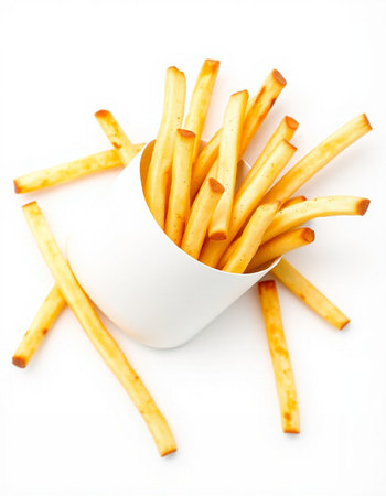 Crispy golden French fries in a white bowl on a white background