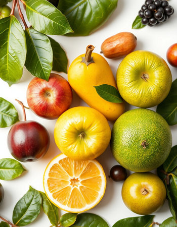 Fruits and vegetables on white background, top view. Healthy food