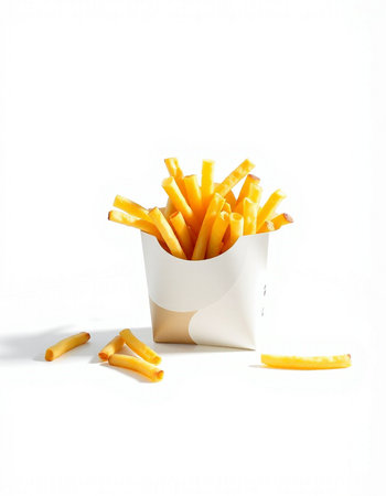 French fries in paper box isolated on white background. Fast food.