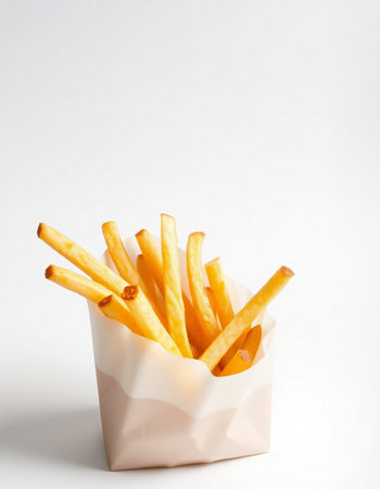 French fries in paper box isolated on white background. Close up.