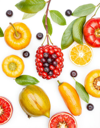 Fruits and berries on white background. Flat lay, top view