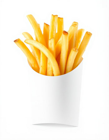 French fries in a white box isolated on white background. Close up.