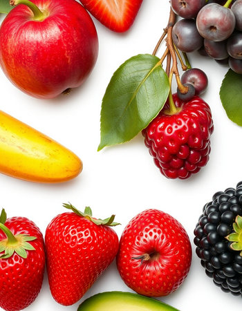 Fruits and berries isolated on white background. Top view. Flat lay patternの写真素材