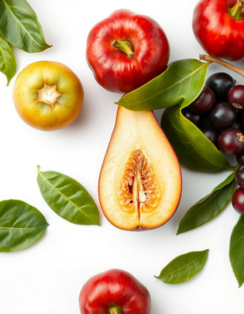 Fruits and leaves on white background, top view. Healthy food