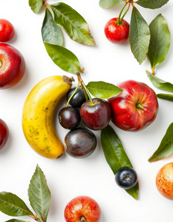 Fruits and leaves on white background. Flat lay, top viewの写真素材