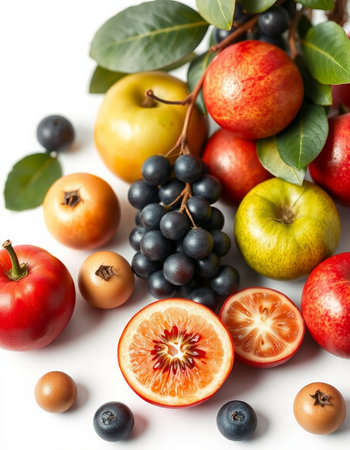 Fruits and berries on a white background, close-up.