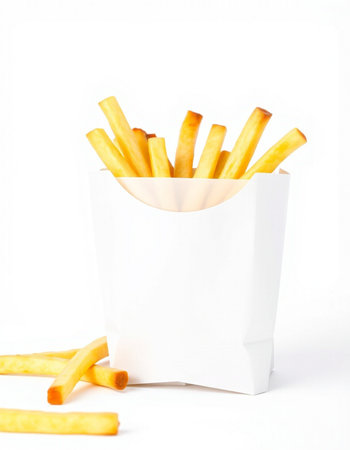 French fries in paper box isolated on white background. Selective focus.