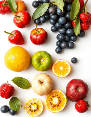 Fresh fruits and berries isolated on white background. Top view. Flat lay.
