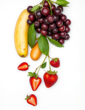 Fruits isolated on white background. Strawberries, grapes, cherries, strawberries and bananasの写真素材