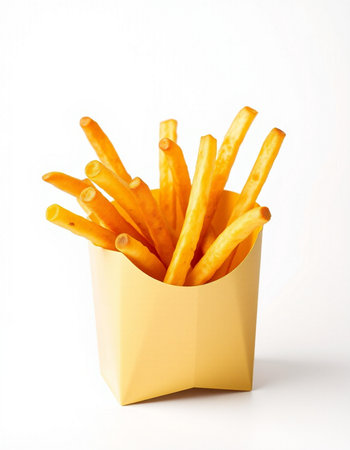 French fries in a yellow box on a white background. Isolatedの写真素材