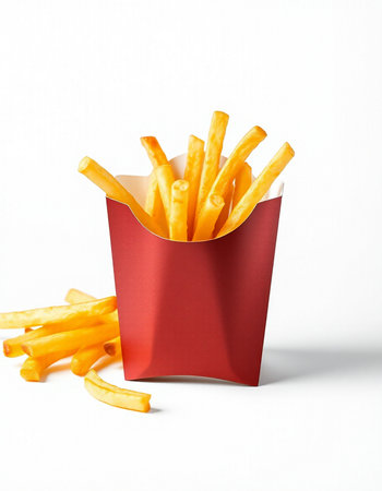 French fries in a red box on a white background, fast food