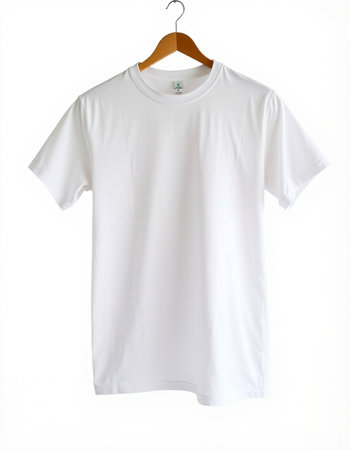 White t-shirt on wooden hanger isolated on white background.