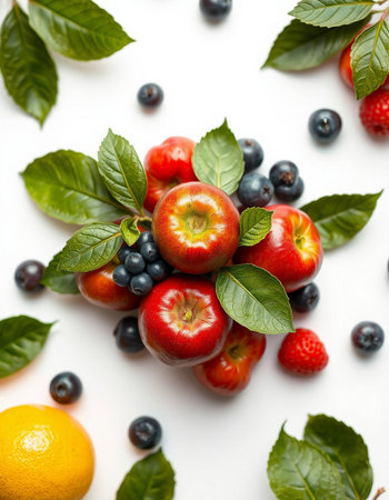 Fruits and berries on a white background. View from above.の写真素材