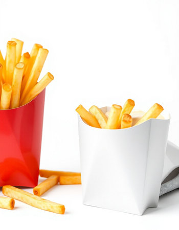 French fries in a red box on a white background, fast foodの写真素材
