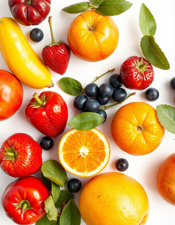 Fresh fruits and berries isolated on white background. Flat lay, top viewの写真素材