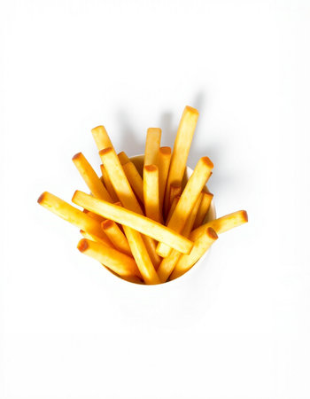 French fries in a white bowl on a white background. Top view.の写真素材