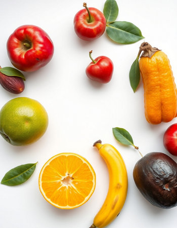 Fruits and vegetables isolated on white background. Flat lay, top viewの写真素材