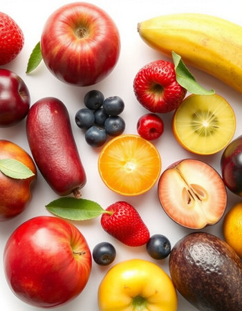 Fruits and vegetables isolated on a white background. Top view.の写真素材