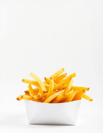 Golden French fries in a white bowl on a white background, isolateの写真素材