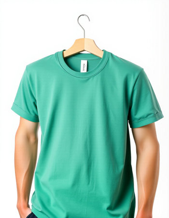 Men's t-shirt on a hanger on a white backgroundの写真素材