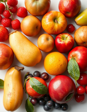 Fruits and berries on a white background. Flat lay, top view