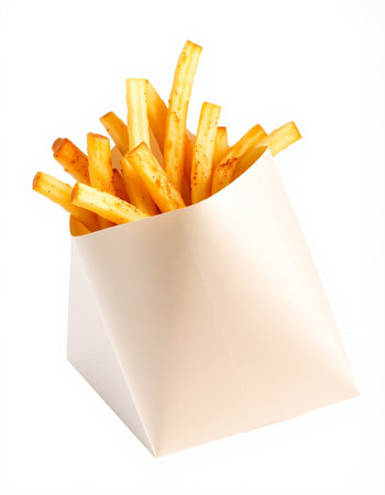French fries in a paper box isolated on white background. Fast food.