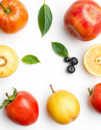Fresh fruits and vegetables on white background. Flat lay, top view