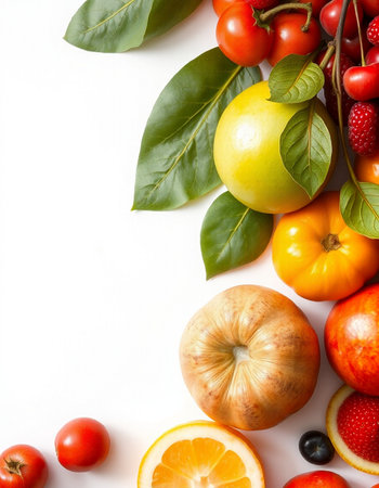 Fresh fruits and vegetables on a white background. Healthy food concept.の写真素材