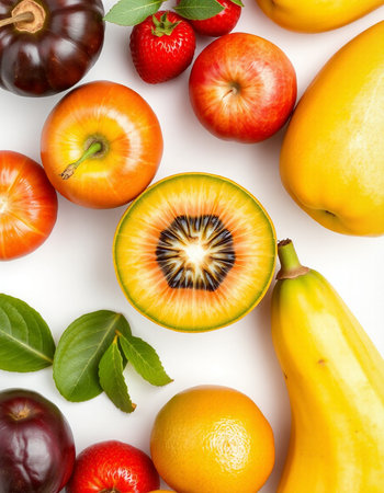 Fruits and vegetables isolated on white background. Flat lay, top viewの写真素材