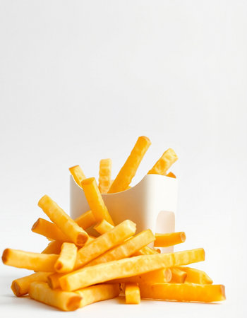 French fries in a white cup on a white background. Selective focus.