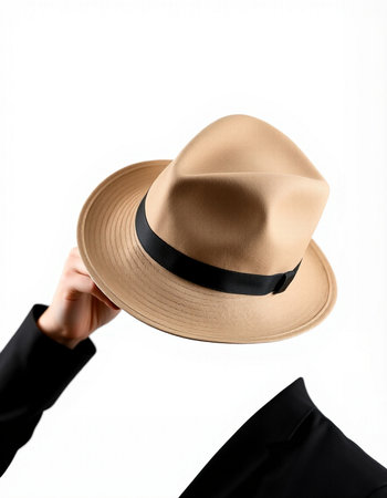 Beige hat in the hands of a man on a white backgroundの写真素材