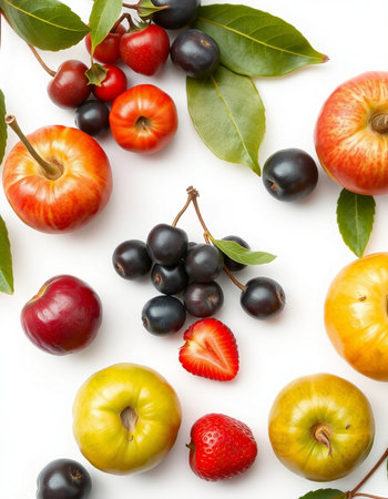 Various fruits and berries on white background. Top view. Flat lay.