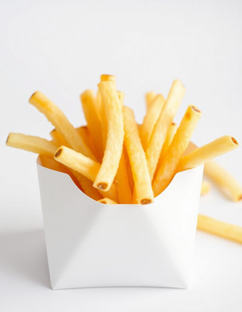 French fries in a white box on a white background close-up