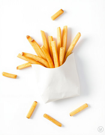 French fries in a paper bag on a white background, top view
