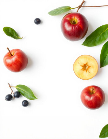 Flat lay composition with red apples and black currant on white background