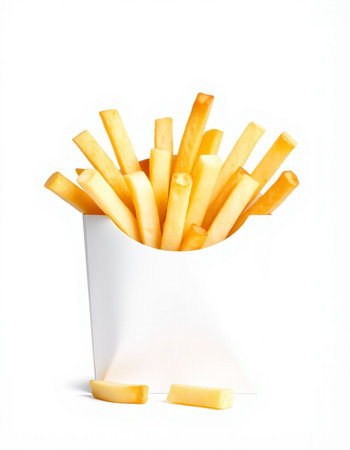French fries in a paper box isolated on white background. Fast food.