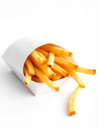 French fries in paper box isolated on white background. Selective focus.