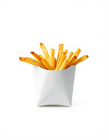 French fries in a white paper box on a white background. Isolated