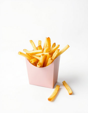 French fries in a pink box on a white background, fast foodの写真素材