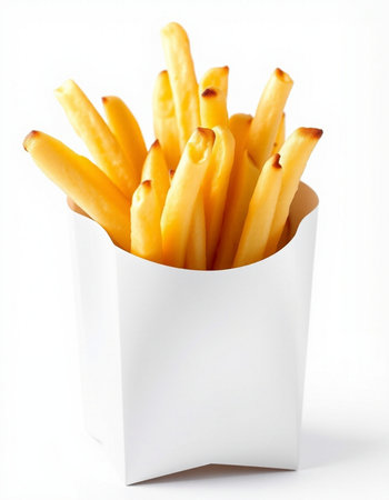 French fries in a white box on a white background, close-up