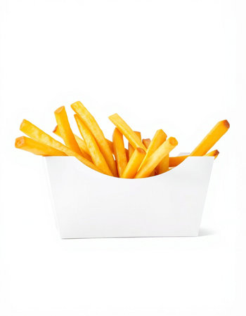 French fries in a white box on a white background. Isolated