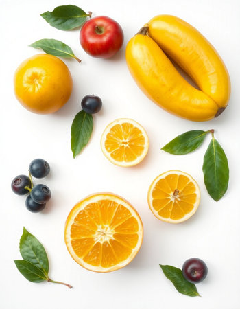 Fruits on a white background, top view, flat lay.