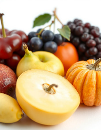 Autumn fruits and vegetables on the white background. Shallow dof.の写真素材