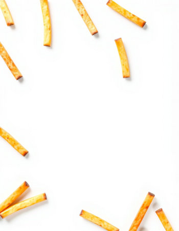 French fries on a white background with space for text. Top view.