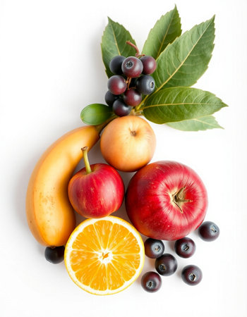 Fresh fruits isolated on white background. Healthy food concept. Top view.の写真素材