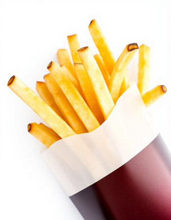 French fries in paper box isolated on white background. Close up.