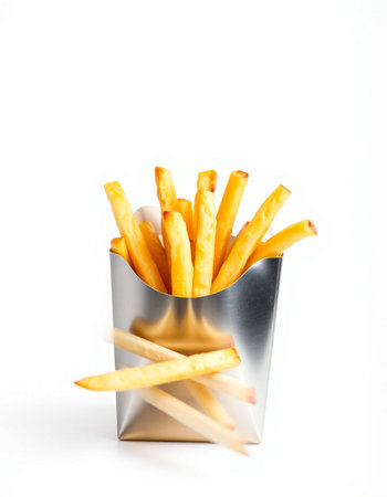 French fries in a metal container on a white background. Isolated