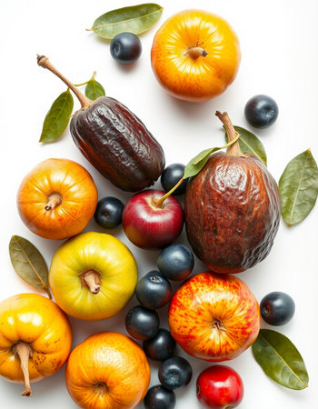 Autumn fruits on a white background. Top view, flat layの写真素材