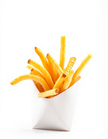 Golden French fries in a white box isolated on a white background.